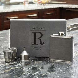 Personalized Flask Gift Set in Grey Leather