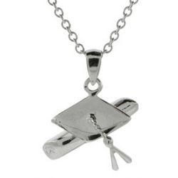 Sterling Silver Hat and Diploma Graduation Pendant Necklace
