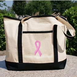 Embroidered Pink Ribbon Tote Bag
