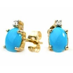 14 Karat Gold Oval Turquoise Stud Earrings with Diamonds