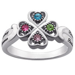 Personalized Name & Birthstone White Gold 4-Leaf Clover Ring