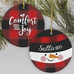 Personalized Buffalo Plaid Snowman Ceramic Holiday Ornament