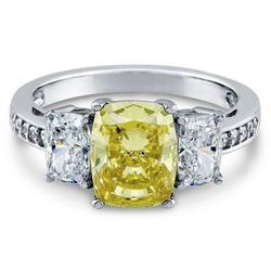 Sterling Silver Cushion Canary Yellow CZ 3-Stone Ring