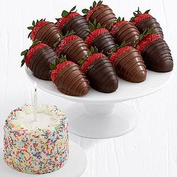 Petite Birthday Cake and Dozen Belgian Chocolate Strawberries