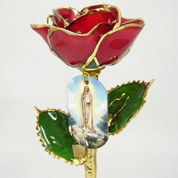 Our Lady of Fatima 100 Years Tag on 11" Preserved Red Rose