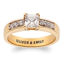 Gold Over Sterling Square Cubic Zirconia Engraved Wedding Ring