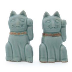 Lucky Cats Celadon Ceramic Sculptures