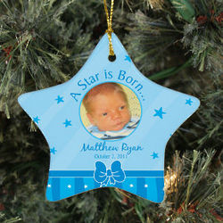 Personalized Ceramic Star New Baby Boy Photo Ornament