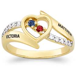 Couple's Birthstone and Name Heart Cubic Zirconia Ring