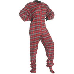 Adult Red and Black with Gray Hearts Flannel Footed Pajamas