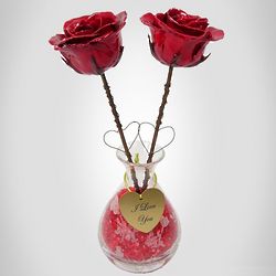 Two 8" Valentine's Day Copper Heart Roses with Charm & Vase