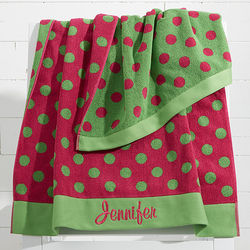 Embroidered Pink and Lime Polka Dot Beach Towel