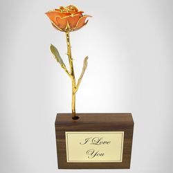 8" Gold Trimmed Peach Rose with Personalized Walnut Vase