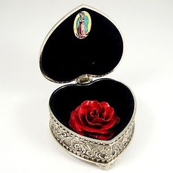 Silver Heart Box with Our Lady of Guadalupe Image & Sculpted Rose