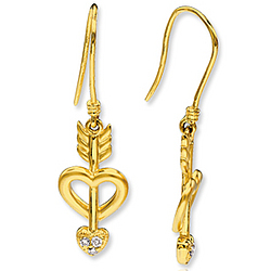 14k Yellow Gold Diamond Heart N Arrow Hook Earrings