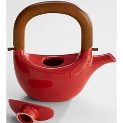 Red Ceramic Teapot with Wooden Handle