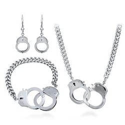 Silver-Tone Handcuffs Bracelet, Earrings and Necklace