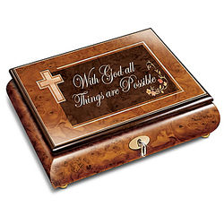 With God All Things Are Possible Burled and Inlaid Wood Music Box