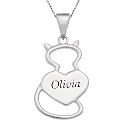 Personalized Sterling Silver Cat with Heart Pendant