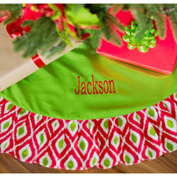 Personalized Red & Green Ikat Christmas Tree Skirt