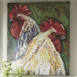Rooster and Hen Screen-Printed Art Canvas