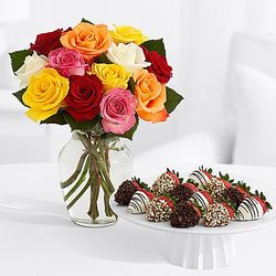 12 Rainbow Roses with 12 Fancy Dipped Strawberries