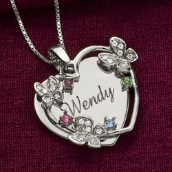 Personalized Name and Butterflies and Birthstones Heart Pendant