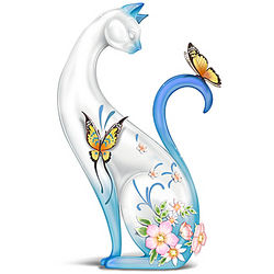 Porcelain Cat and Hand Formed Butterflies Figurine