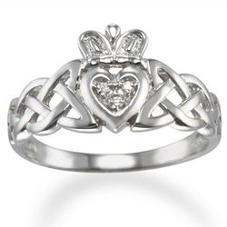 Celtic Knot Band Diamond Claddagh Ring in 14k White Gold