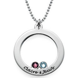 Engraved Silver Circle and Birthstones Necklace