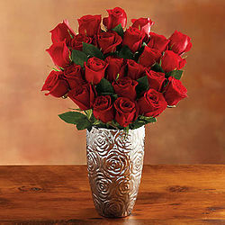 Two Dozen Red Roses in Silver Embossed Vase