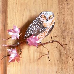 Single Owl On Maple Leaf Branch Wall Sculpture