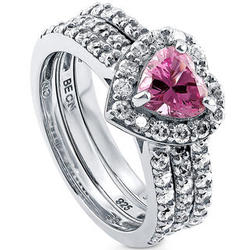 Sterling Silver Pink CZ Halo Heart Wedding Ring Set