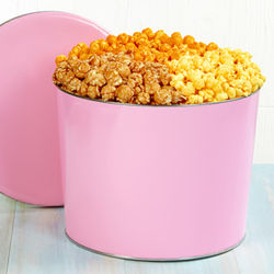 2 Gallons of Butter and White Cheddar Popcorn in Pink Tin