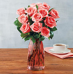 12 Stems of Pink Roses in Pink Vase