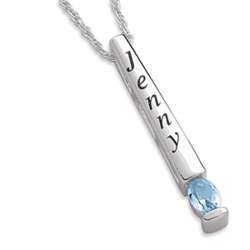 Sterling Silver March Birthstone and Name Bar Necklace