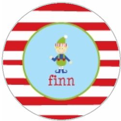 Personalized Red Stripe Elf Holiday Plate with Blue Center