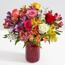 Smiles & Sunshine Bouquet with Red Mason Jar & Chocolates
