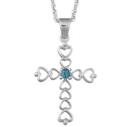 Sterling Silver March Birthstone Heart Cross Necklace