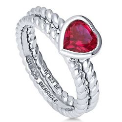 Heart Shaped Simulated Ruby Silver Cable Solitaire Cocktail Ring
