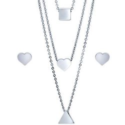 Silver-Tone Heart Square Triangle Necklace and Earring Set