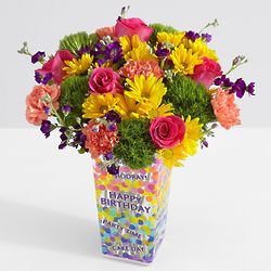 Brightest of the Bunch Bouquet with Birthday Vase