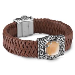 Sterling Silver Gold Mother of Pearl Leather Bracelet