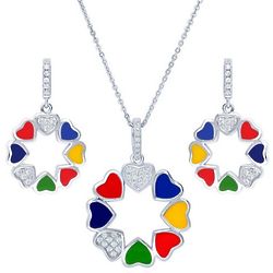 Sterling Silver Cubic Zirconia Enamel Heart Necklace and Earrings
