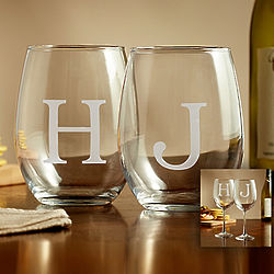 2 Personalized Wine Glasses with Engraved Monogram