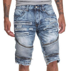 Mens Dark Wash Moto Style Denim Shorts with Zipper Trim
