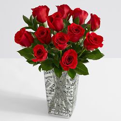 One Dozen Long Stemmed Red Roses with Music Vase & Chocolates