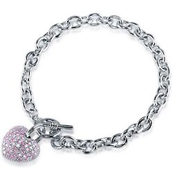 Silver Tone Cubic Zirconia Heart Charm Toggle Bracelet