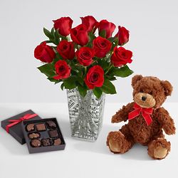 12 Long Stemmed Red Roses with Music Vase, Chocolates & Bear