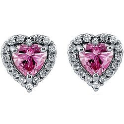 Heart Shaped Pink Cubic Zirconia Silver Halo Stud Earrings